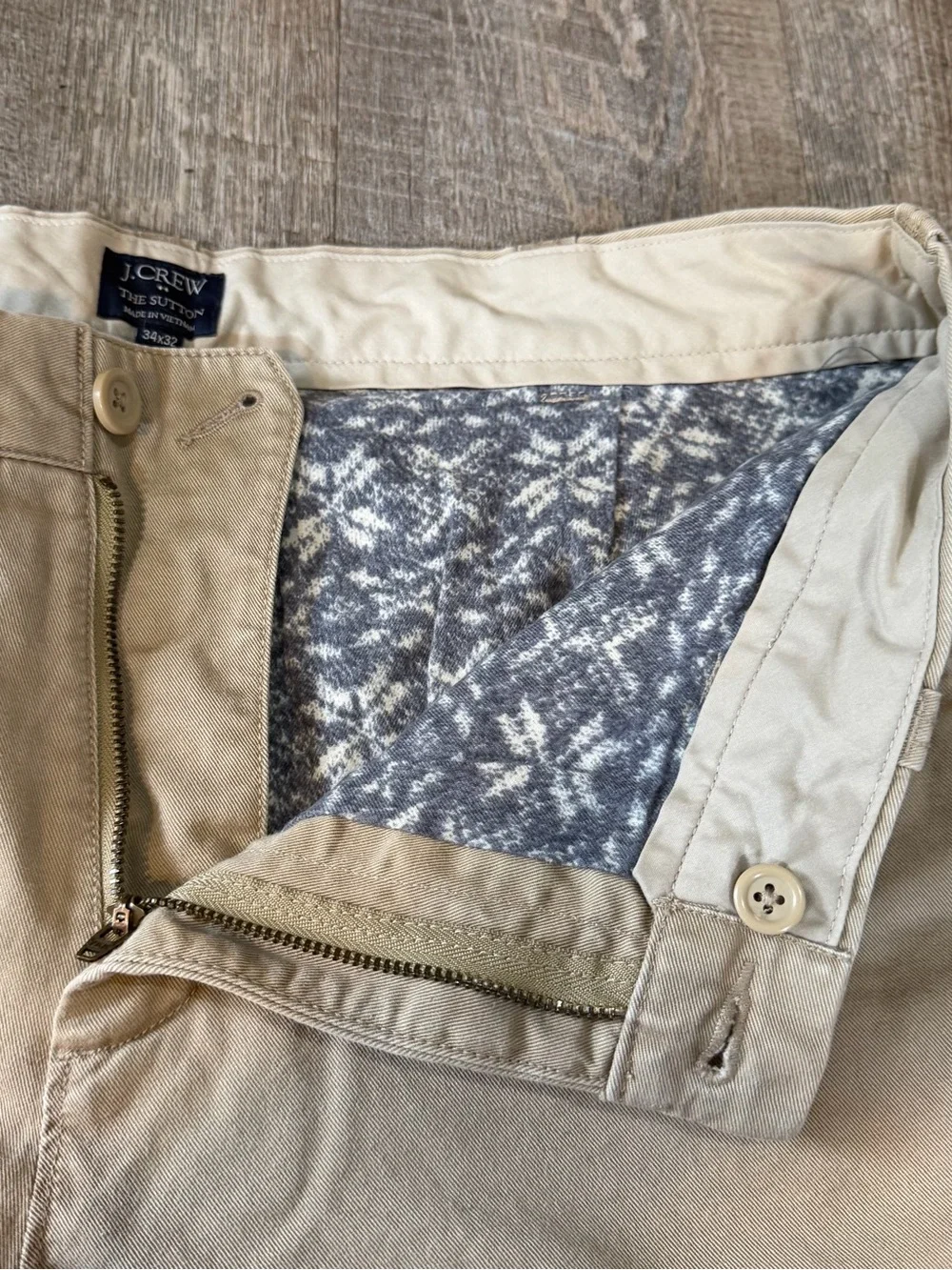 J Crew The Sutton Khaki Chino Pants Mens 34x32 With Fleece Gray Lining Warm